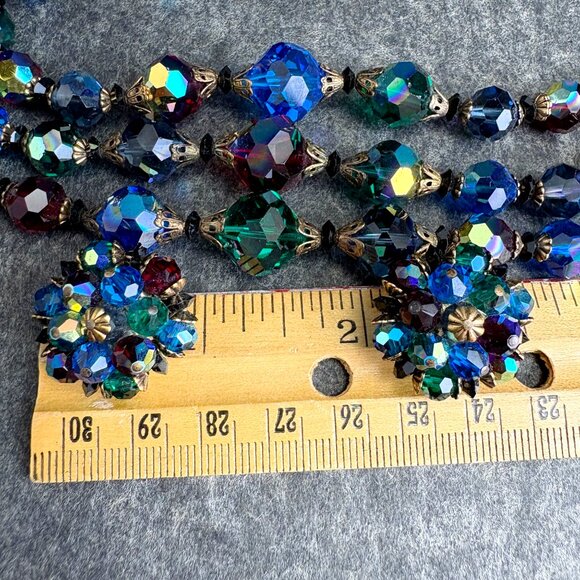 1960s triple strand jewel tone beaded necklace with matching clip on earrings - Picture 7 of 9